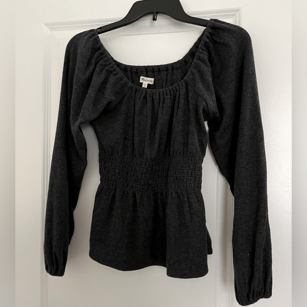 NWT Madewell Plush Square Necked Smocked Blouse Top XXS Dark Gray